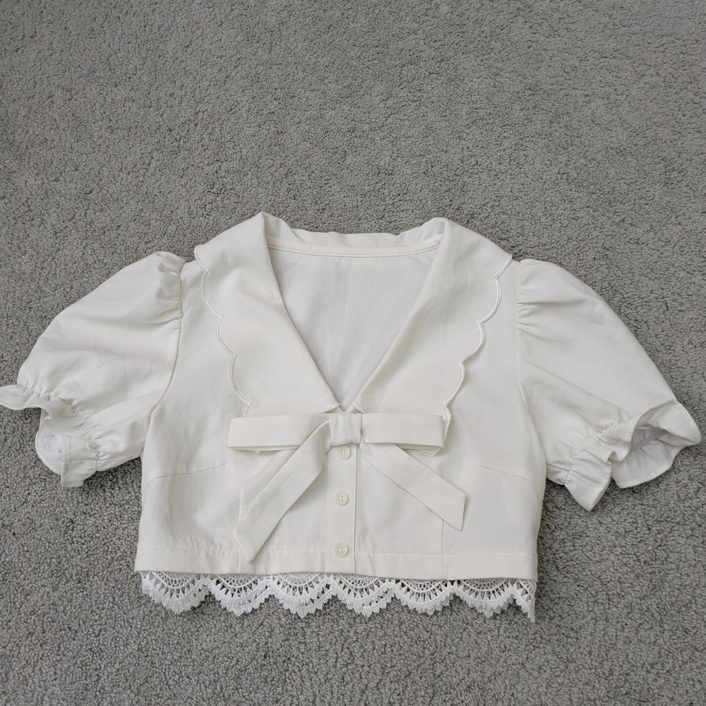 White Lace Trim Blouse with Bow